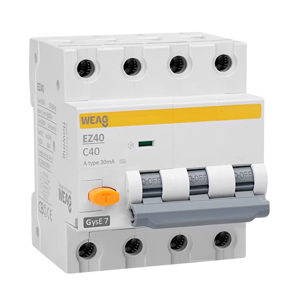 RCBO EZ40 32A 30mA 1P+N AC circuit breaker with high-quality protection features, showing compact design, wiring terminals, and safety components