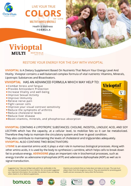Vivioptal MULTI Softgels bottle showcasing premium daily vitamins and health and wellness supplements.