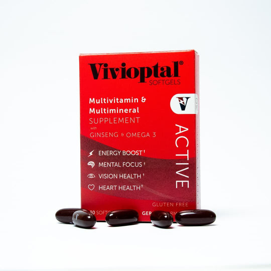 Vivioptal Softgels Active multivitamin bottle showing premium ingredients and daily wellness benefits.